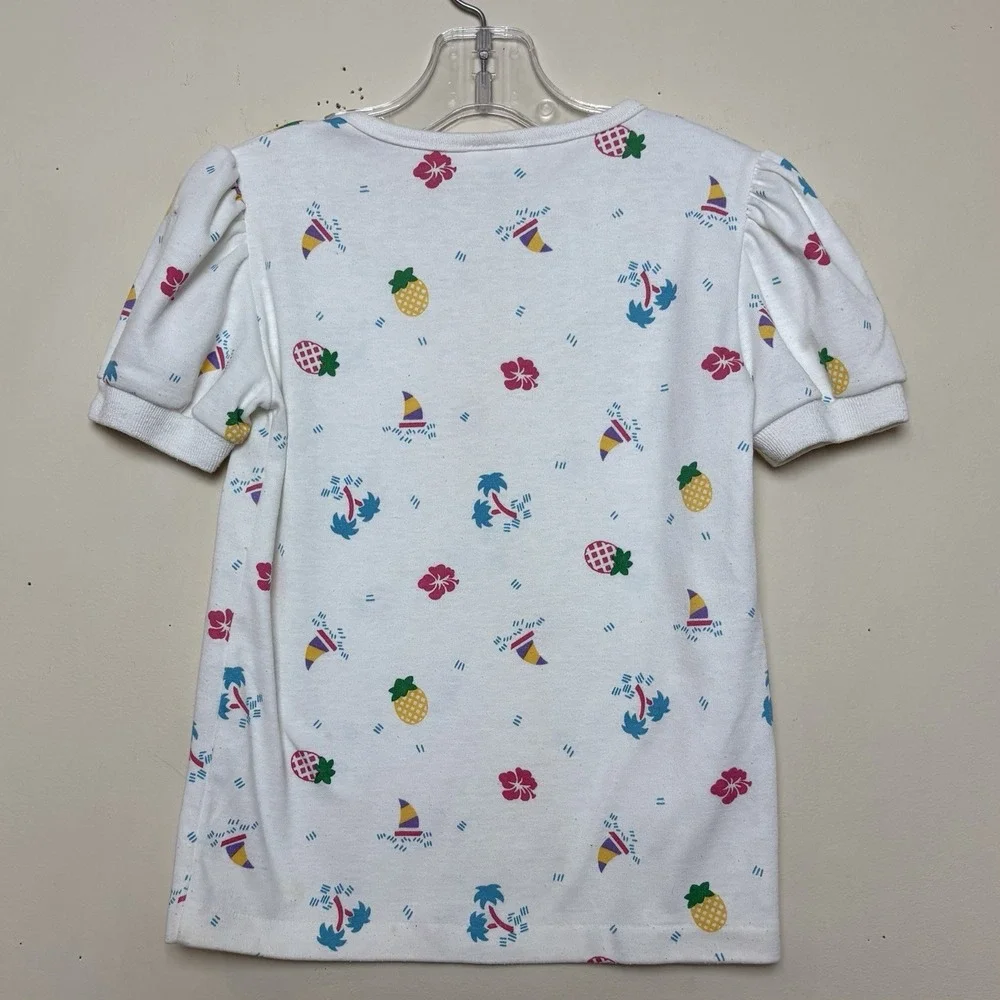 VTG Healthtex Shirt Girls Size 6 White Pineapples Tropical Hibiscus Boat Puff